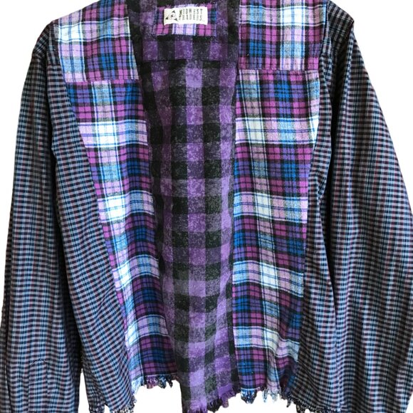 Mixed Print Button-Down Shirt, M: Upcycled Artsy Color Block Purple Black Top - Picture 11 of 12
